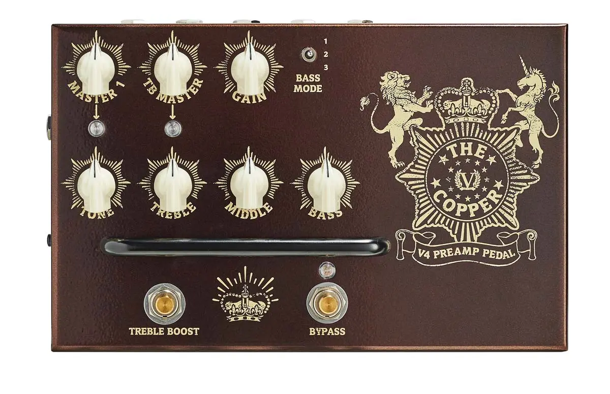 V4 The Copper from above: Gain, Bass Mode, Tone and the Treble Boost footswitch. Photo: Future / Phil Barker, Guitar World