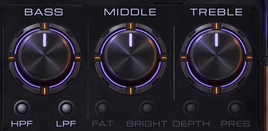 BASS, MIDDLE, TREBLE и клавиши HPF, LPF